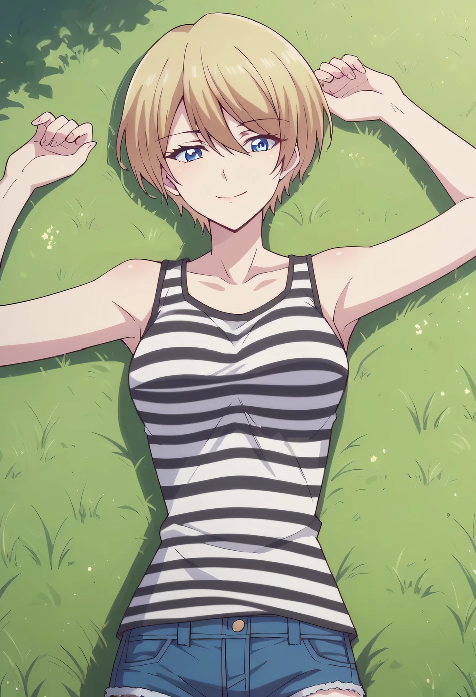 akane hououji, pixie cut, short hair, bangs, blue eyes, blonde hair, hblack_tank_top, striped_shirt, jean shorts, high quality, solo, lying, on back, arms up, spread arms, closed mouth, on grass, looking at viewer, cowboy shot, smile, best quality,