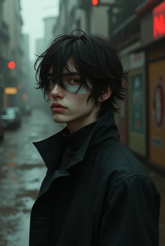 White young  man with brown hair, Bangs in the hair, emo Brown hair, black long coat, real life, realistic, retrô, bandage eyepatch