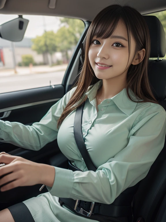 (Best Quality:1.2), Raw photo, High resolution, perfect detail, Professional Photography, Professional Lighting, Sharp Focus, Angelic Very beautiful cute girl, Japanese girl, 2, Beautiful detailed face and eyes, Detailed double eyelids, droopping eyes, Long dark hair, with bangs, round face, smiling, blush on the cheeks, (huge breast:1.2), (tight white collared shirt:1.2), (black pencil skirt), (sitting in the car:1.2), while driving a car, (Seatbelt is fastened at an angle: 1.3), (The seatbelt runs from her shoulder and across her chest to her opposite hip.:1.3), No exposed skin on the chest, (full-body shot:1.2)