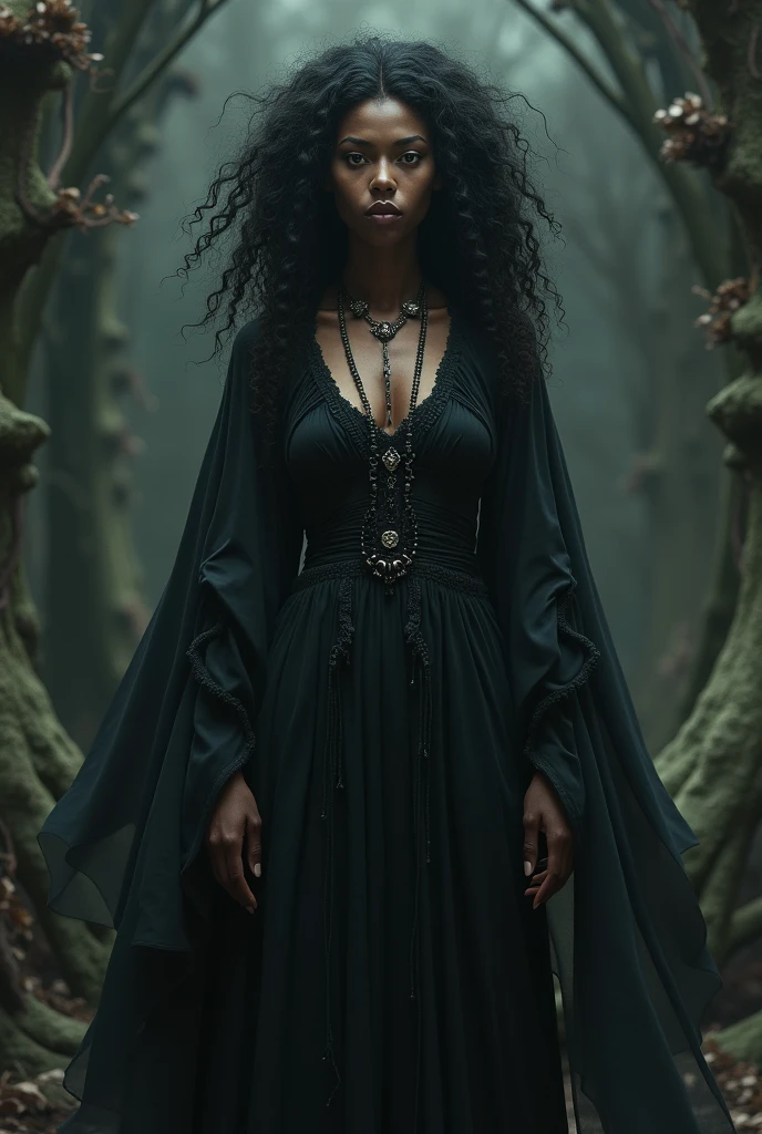 Adult African female vampire of the Tzimisce clan with loose curly hair and long dress 