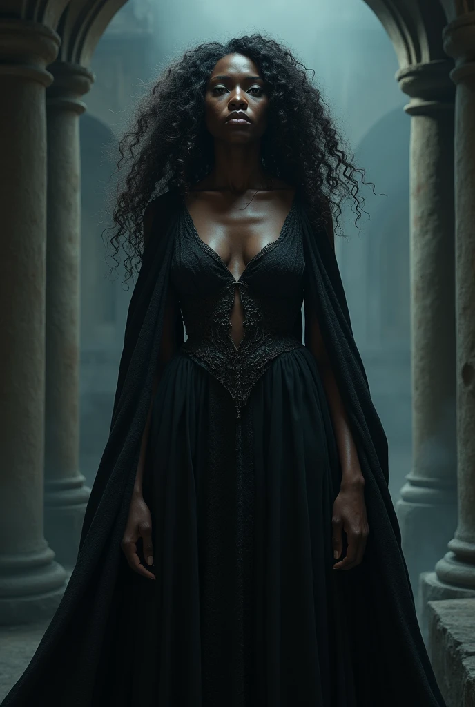 Adult African female vampire of the Tzimisce clan with loose curly hair and long dress 