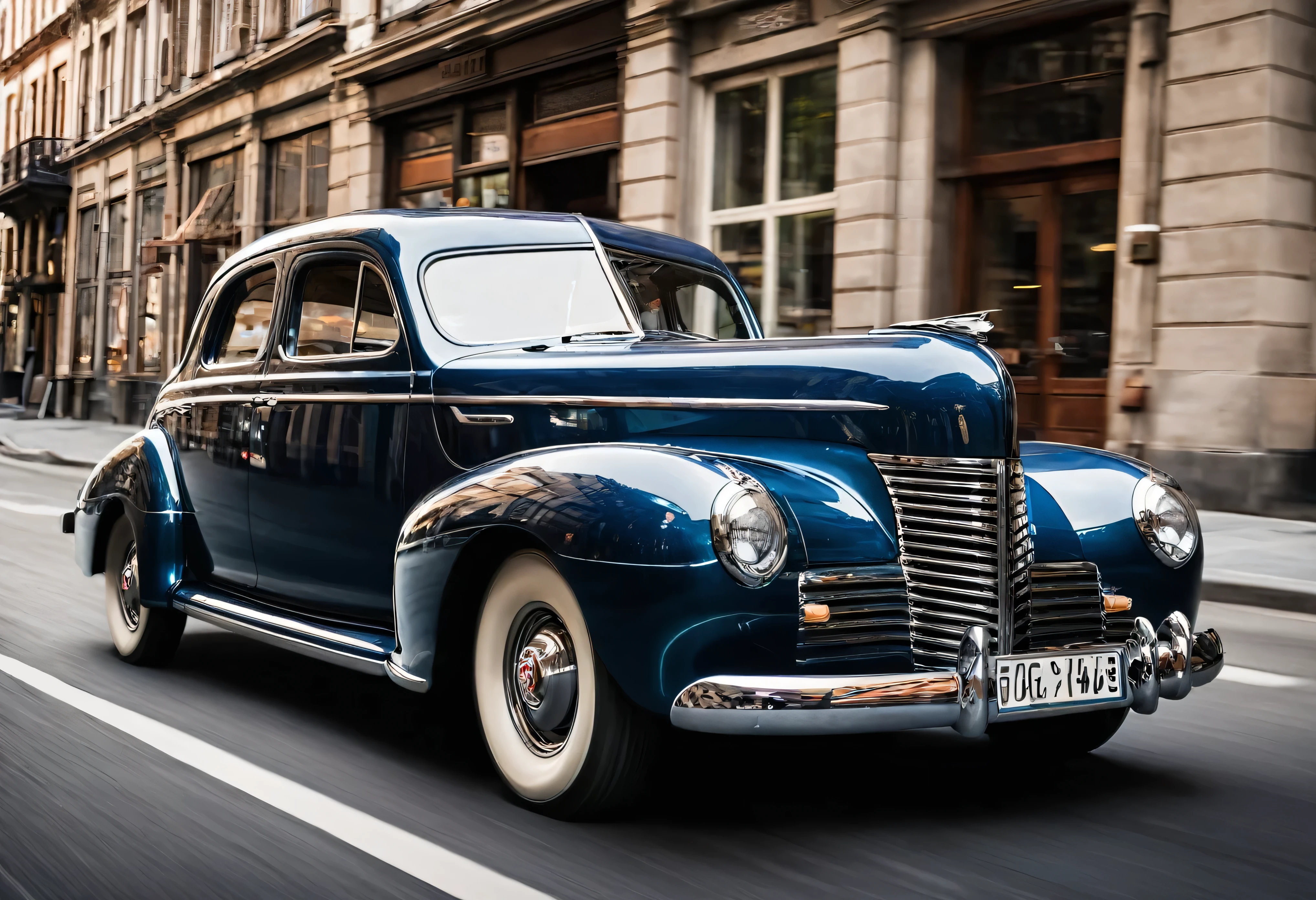 Generate a highly detailed and realistic photo of a vintage 1940s car in motion, captured using the panning technique. The car should be a classic model from the 1940s, with sleek lines, chrome details, and a glossy finish. The background should be slightly blurred, creating a sense of speed and movement, while the car itself remains sharp and in focus. The tires should appear to be in motion, with a slight blur to emphasize the speed. The scene is set on a cobblestone street or an old road, with soft, warm lighting reminiscent of a late afternoon or early evening. The overall composition should evoke a sense of nostalgia, capturing the elegance and timeless charm of the 1940s era in a dynamic, action-filled shot.