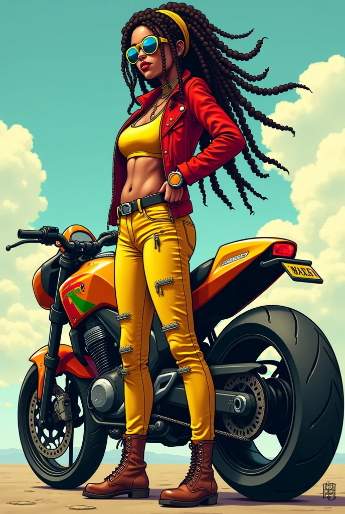 yellow red green and black biker woman with dreadlocks cartoon drawing in full body side position with rasta colored motorcycle
