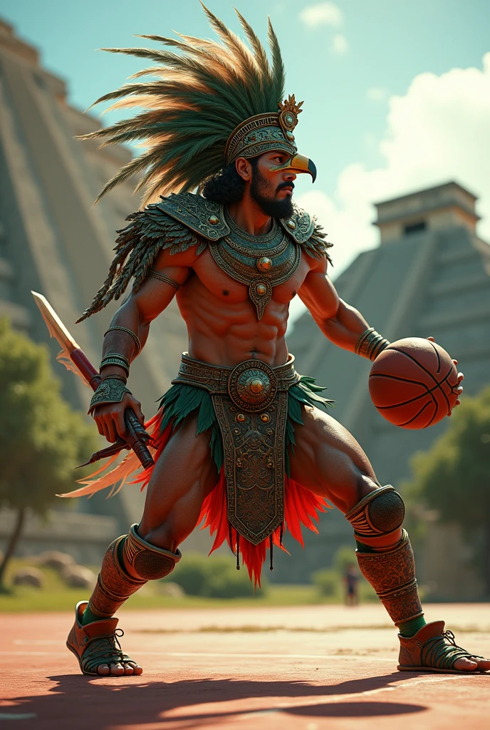 Aztec eagle warrior playing basketball