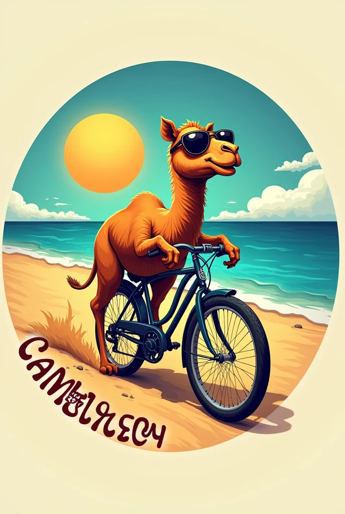 create a circle-shaped brand and inside it have an image of a camel wearing sunglasses and pedaling an old bicycle down a dirt road surrounded by beach sand and in the background the blue sea the camel is excited making a happy face the sun reflects on the glasses it should say camel beach 20024 the logo should be the same as the hard rock cafe 