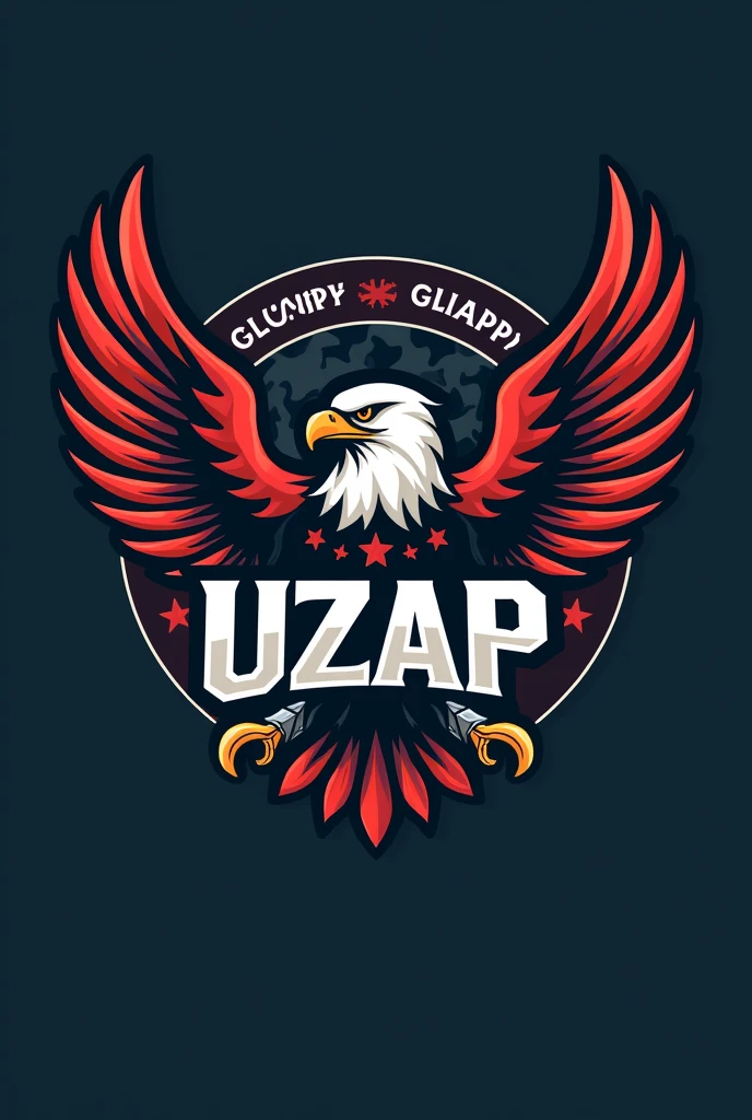 Create a sports logo for a triathlon team called UZAP, with the letters in front That represents honor, Gloria, I respect, with military aspects and background adds only the eagle wings 