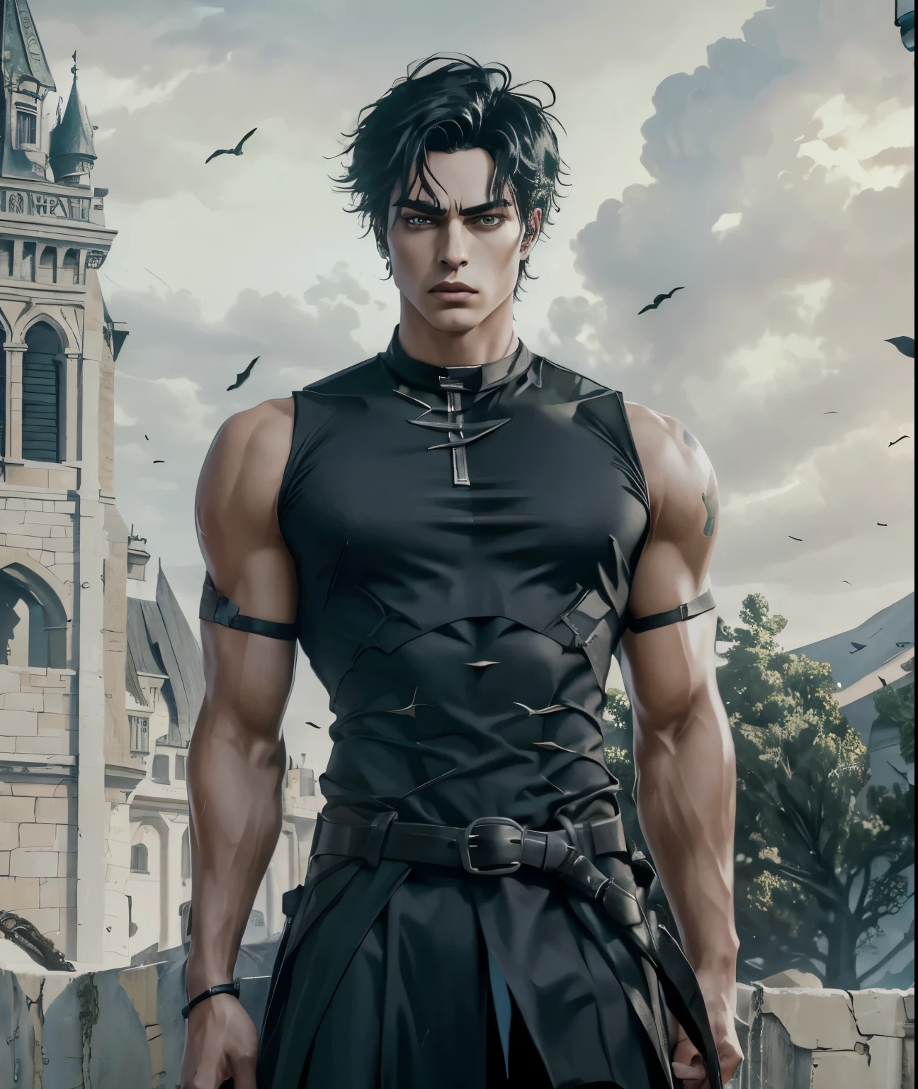 (an androgynous male assassin:1.1),wild black hair,green eyes,slim,black assassin clothing,in a castle,medium:oil painting,detailed background,moody lighting,vivid colors,dark and mysterious ambiance,ominous atmosphere