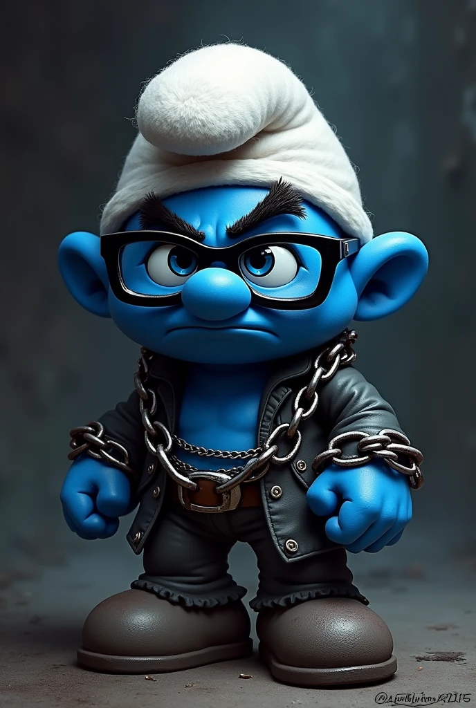 Create a grumpy smurf image in style with chains and black glasses