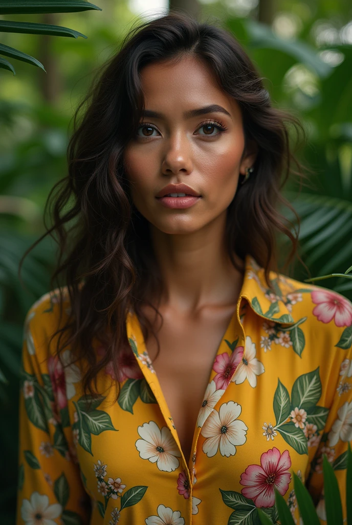 A Brazilian woman in a lush tropical garden, wearing an open shirt with a floral print, with a close-up capturing the harmonious beauty between her breasts and the natural flowers, showing off your natural charm and outgoing personality.