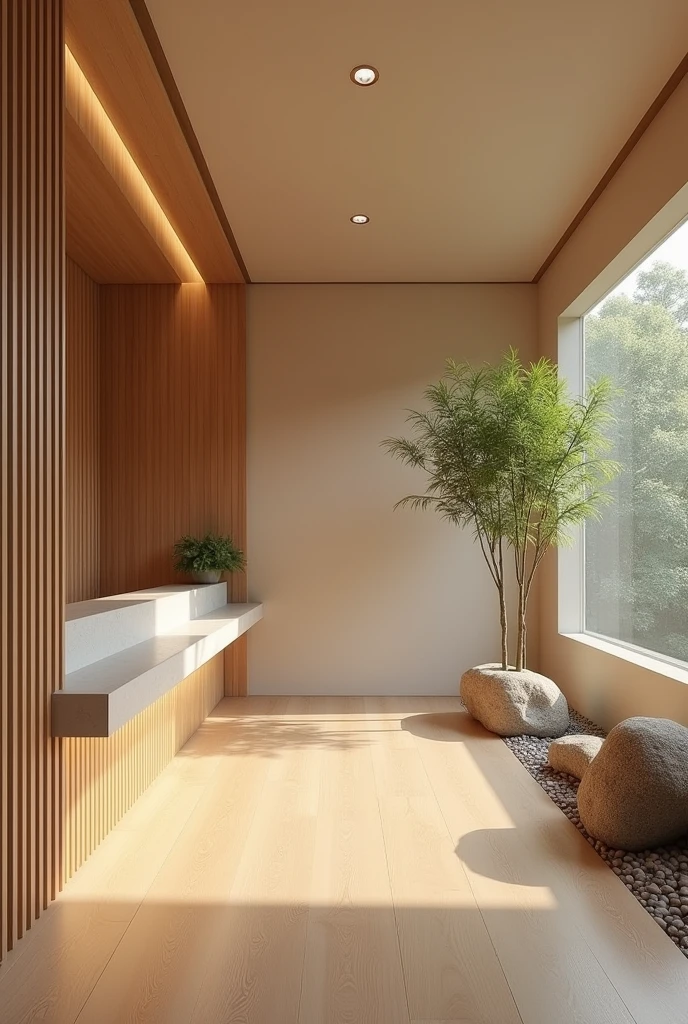Reception area for a restaurant : A minimalist space inspired by Zen, with light wood floors, neutral colored walls, a small rock garden, and bamboo plants. The lighting is soft and ambient.