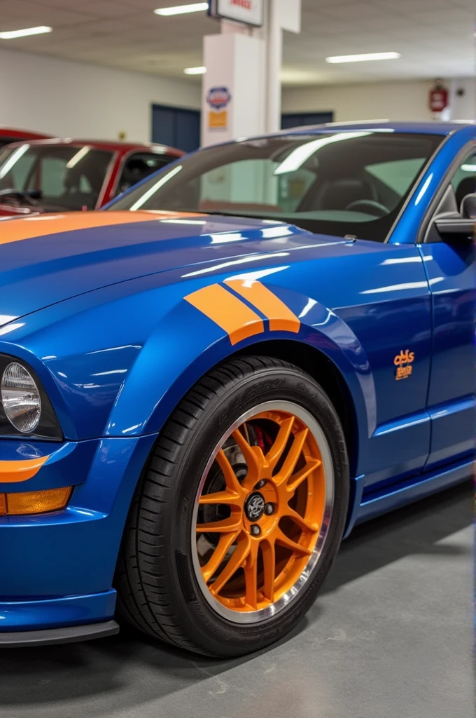 2006 blue Mustang with orange stripes 
