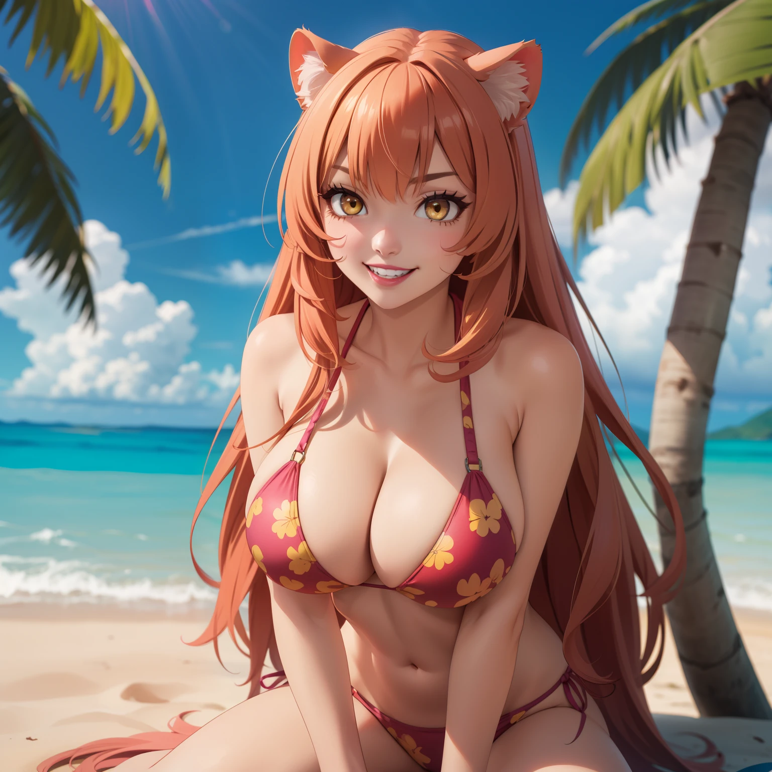 Raphtalia woman 2,bright orange hair , dark yellow eyes , mischievous smile showing teeth, Painted lips, cat ears, pink bikini with jaguar design, background a tropical beach, very big breasts.
