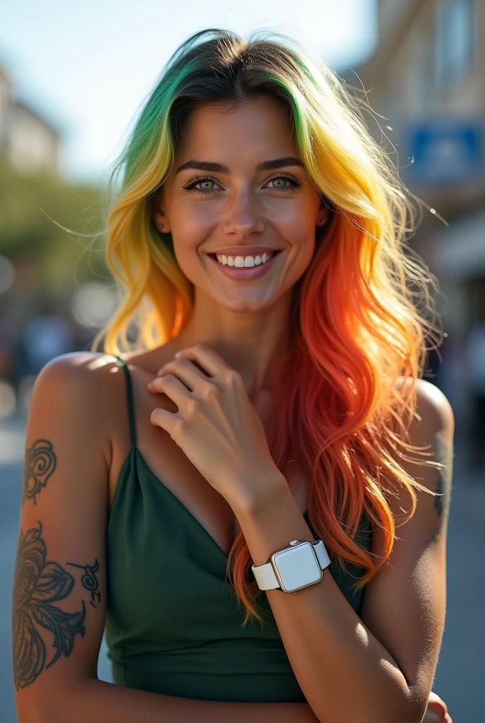 4K portrait of a brunette Argentinian woman, 30 years old, with rainbow-colored blonde hair, emerald green eyes, a perfect smile, wearing a white smartwatch on her wrist, with tattoos on her arm, looking out at the city. Perfect details, high-quality, dressed in elegant clothing