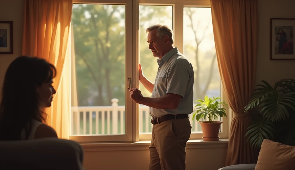 A person closing a window in his house while talking to another person