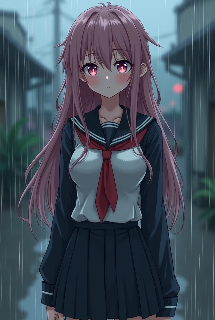 Woman, VERY long and messy slightly dark pink hair, dark and light pink eyes, with white heart-shaped pupils, large breasts, school uniform, standing shyly in the rain and her uniform wet