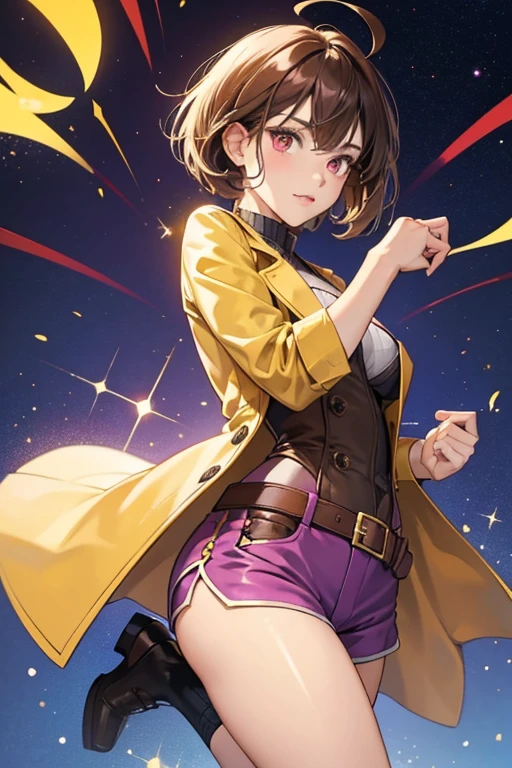 Atari appears to be a young woman with short brown hair styled into a bob and an ahoge sticking out at the top. She is fair-skinned and has dark red eyes. She also has C cup breasts.
While she has a variety of disguises that she wears while investigating, her usual work wear consists of a yellow trench coat, a pink shirt, purple shorts with blue leggings, brown shoes, and a brown glove that she wears on her left hand. SPARKLE; GLITTER