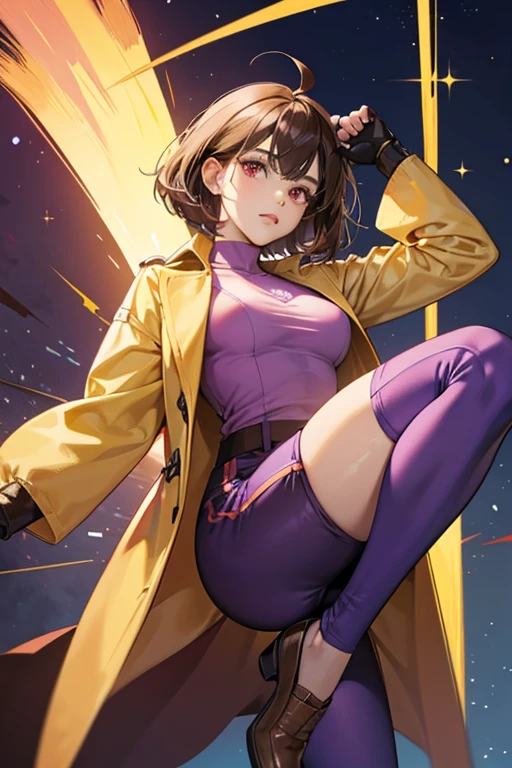 Atari appears to be a young woman with short brown hair styled into a bob and an ahoge sticking out at the top. She is fair-skinned and has dark red eyes. She also has C cup breasts.

While she has a variety of disguises that she wears while investigating, her usual work wear consists of a yellow trench coat, a pink shirt, purple shorts with blue leggings, brown shoes, and a brown glove that she wears on her left hand. SPARKLE; GLITTER