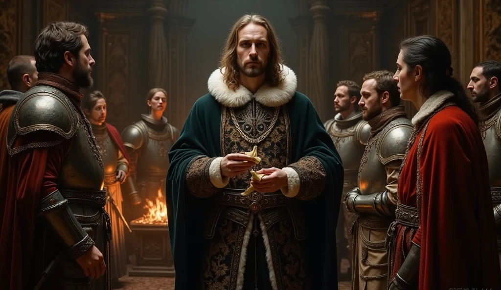 A dramatic and evocative painting capturing the moment when Edward III receives the response from the French court. The scene is set in a dimly lit, richly adorned chamber, where Edward III stands tall, his face a mixture of indignation and determination. His regal attire, with its intricate details and deep, dark colors, reflects his royal status and the weight of the moment. His hand clenches the letter tightly, the parchment crumpling under his grip, symbolizing his sense of affront and dishonor. Behind him, loyal advisors and knights exchange anxious glances, sensing the gravity of the situation. The atmosphere is thick with tension, enhanced by the play of shadows and the flickering light from a nearby hearth. The dark, moody tones and meticulous attention to detail, characteristic of Edmund Blair Leighton's style, intensify the emotional impact, highlighting Edward's resolve to respond to the perceived slight with decisive action., Surrealism, Hyperrealism, UHD, retina, masterpiece, accurate, anatomically correct, textured skin, super detail, 16k