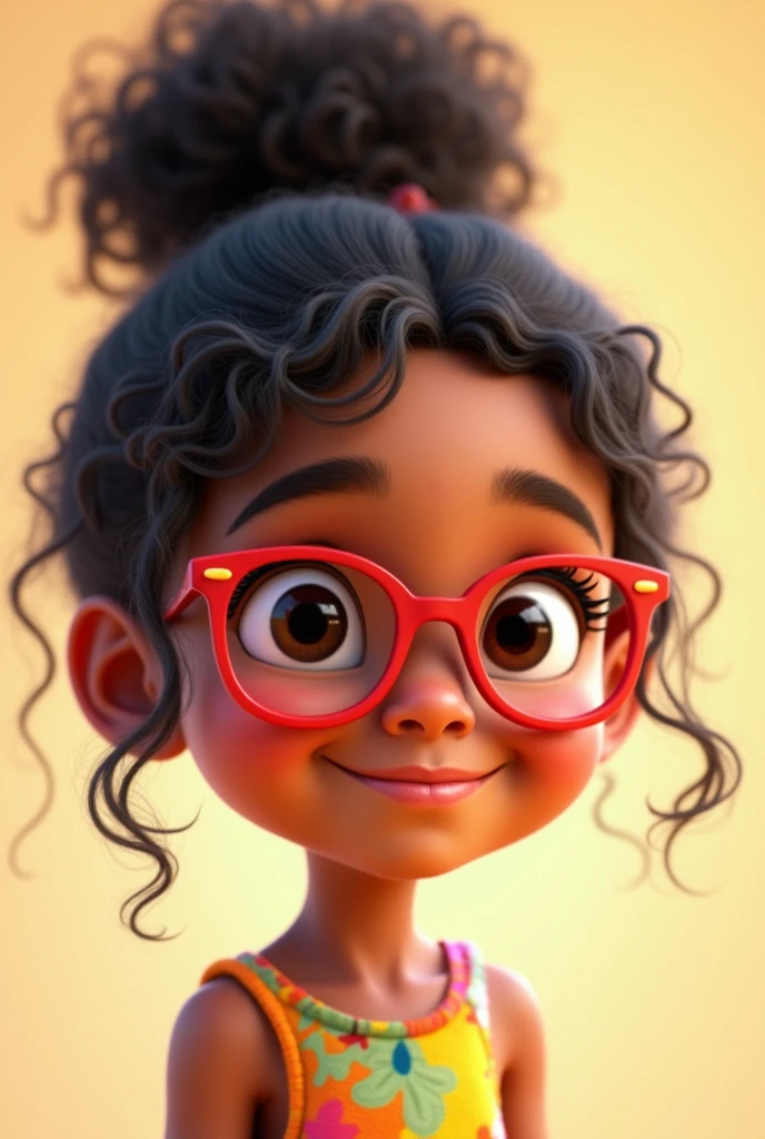  cute, 5 years, brown skin, curly black hair tied up with a few loose strands, wearing small glasses with colorful dress, smiling pixar 3d illustration
