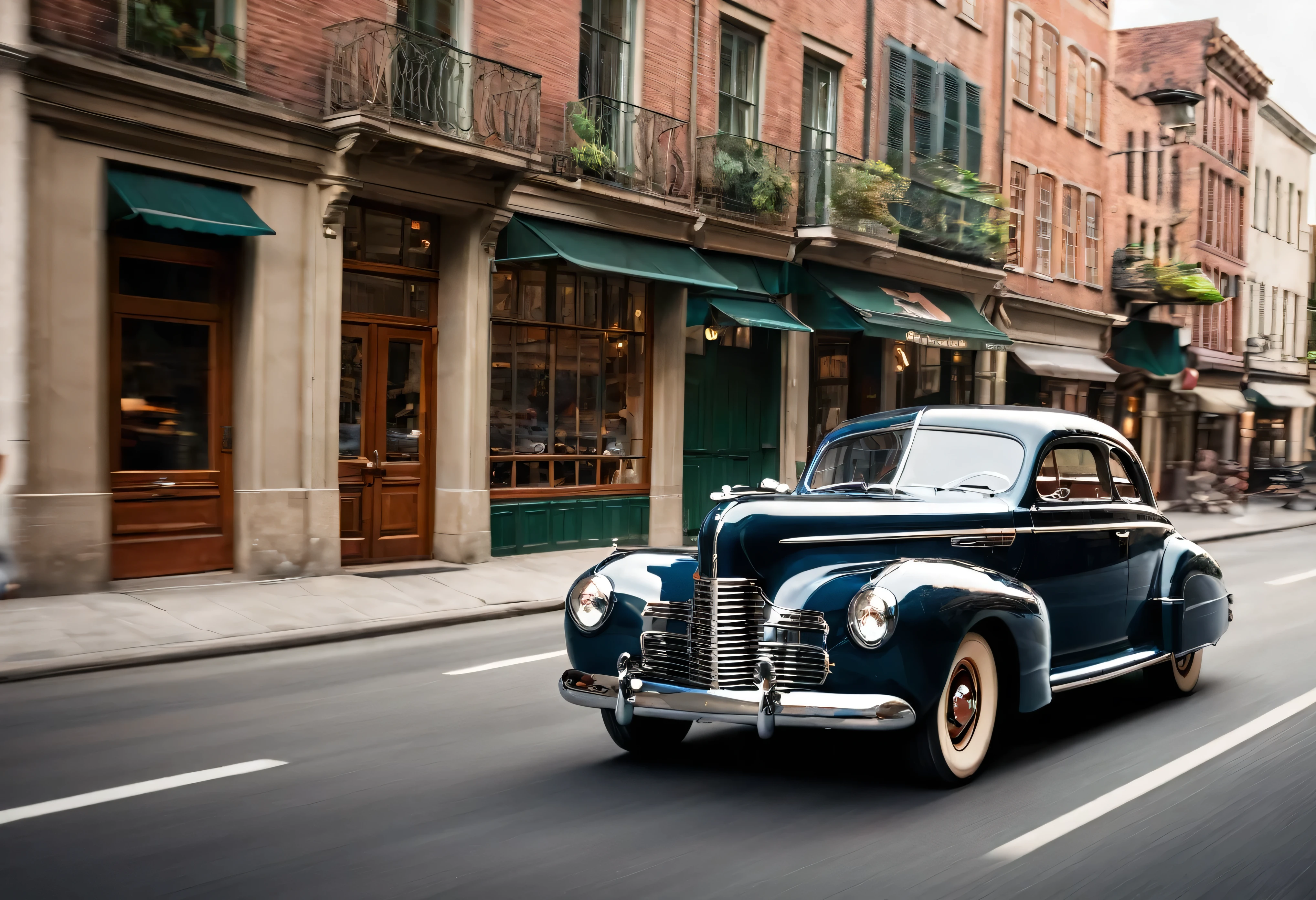 Generate a highly detailed and realistic photo of a vintage 1940s car in motion, captured using the panning technique. The car should be a classic model from the 1940s, with sleek lines, chrome details, and a glossy finish. The background should be slightly blurred, creating a sense of speed and movement, while the car itself remains sharp and in focus. The tires should appear to be in motion, with a slight blur to emphasize the speed. The scene is set on a cobblestone street or an old road, with soft, warm lighting reminiscent of a late afternoon or early evening. The overall composition should evoke a sense of nostalgia, capturing the elegance and timeless charm of the 1940s era in a dynamic, action-filled shot.