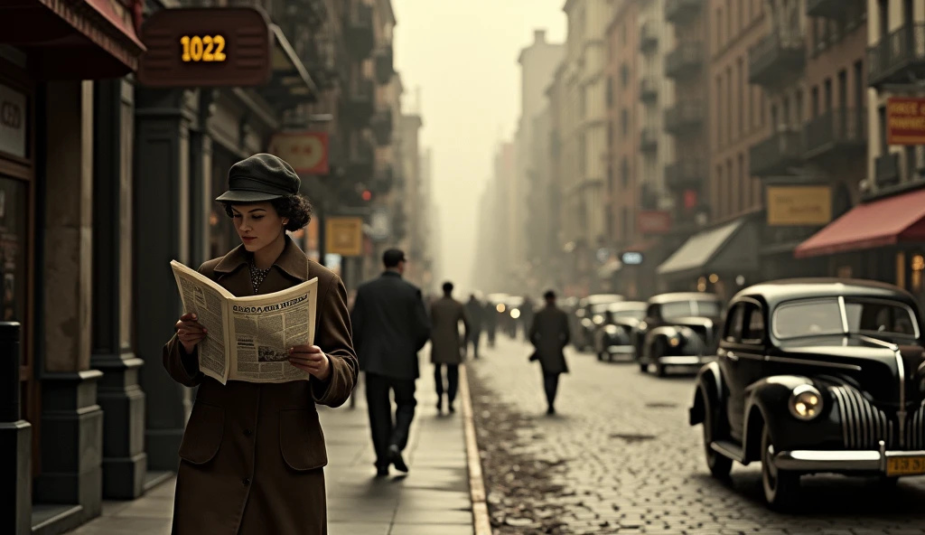 1942 New York street scene, people reading newspapers, old-fashioned street lamps, vintage architecture, overcast weather, realistic, cinematic lighting, dramatic shadows, sepia toned, moody atmosphere, detailed textures, weathered buildings, cobblestones, classic cars, people in 1940s fashion, photorealistic, 8k, highly detailed, masterpiece
