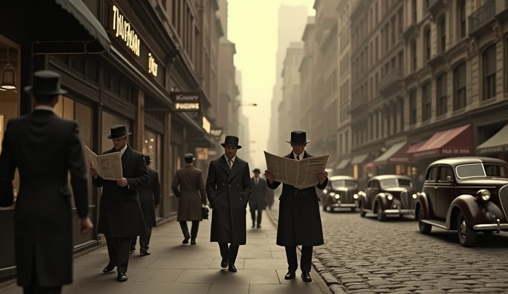 1942 New York street scene, people reading newspapers, old-fashioned street lamps, vintage architecture, overcast weather, realistic, cinematic lighting, dramatic shadows, sepia toned, moody atmosphere, detailed textures, weathered buildings, cobblestones, classic cars, people in 1940s fashion, photorealistic, 8k, highly detailed, masterpiece