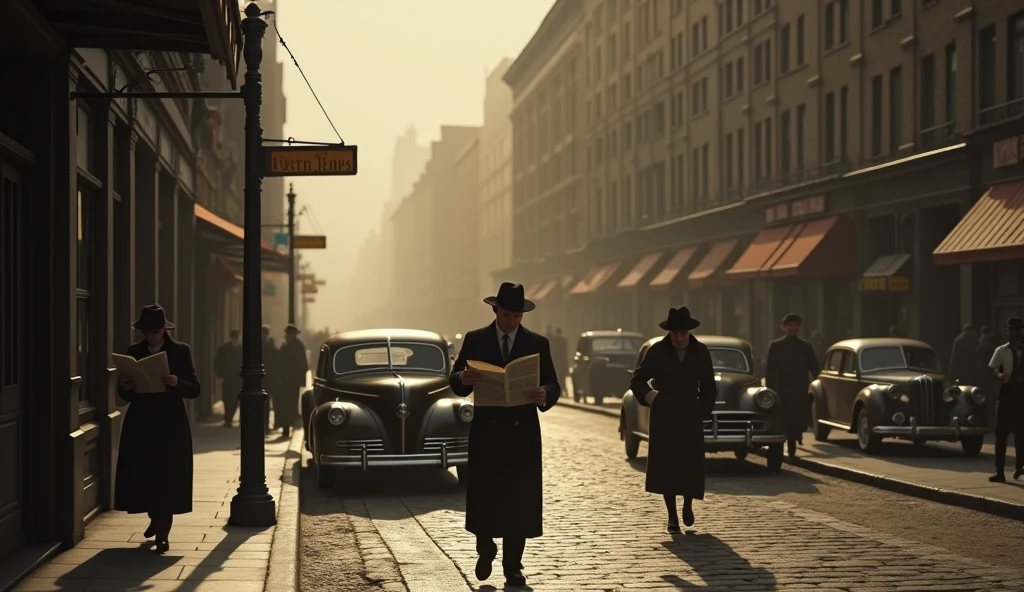 1942 New York street scene, people reading newspapers, old-fashioned street lamps, vintage architecture, overcast weather, realistic, cinematic lighting, dramatic shadows, sepia toned, moody atmosphere, detailed textures, weathered buildings, cobblestones, classic cars, people in 1940s fashion, photorealistic, 8k, highly detailed, masterpiece