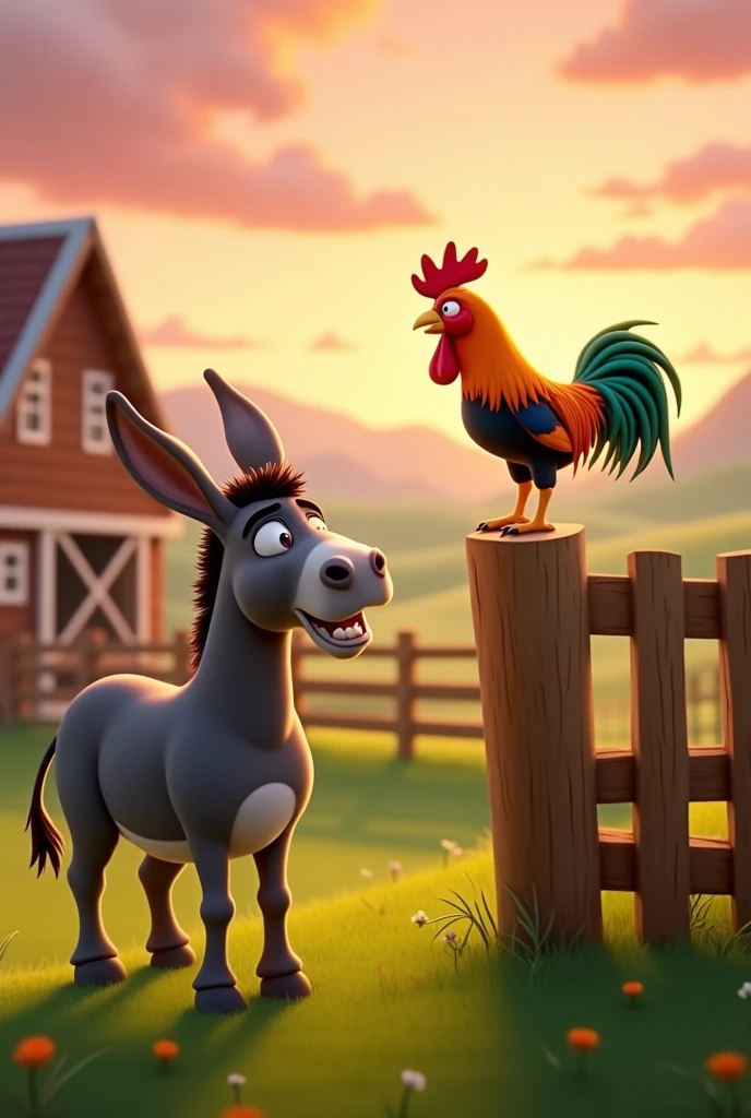 Draw a scene of an angry donkey arguing with a rooster with orange, green and blue plumage on a very pretty farm at dawn. The donkey should have an angry facial expression. The rooster should be very calm, standing on a wooden fence, with its colorful feathers standing out in the design. The farm should be picturesque and detailed, with green fields and a sunrise sky with soft shades of orange and pink, in Pixar style