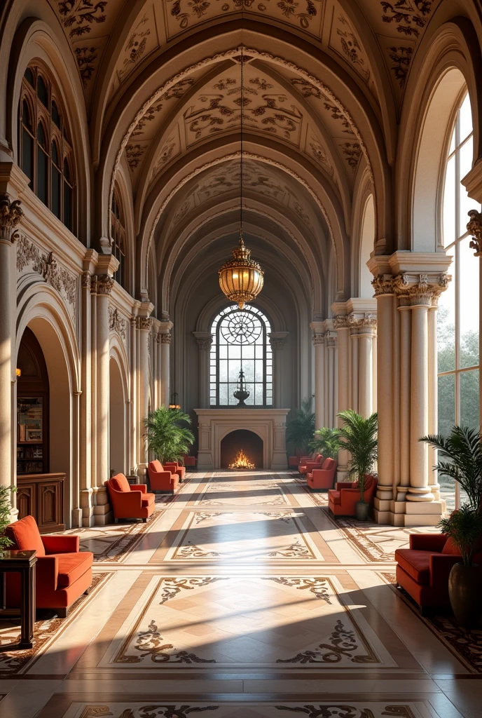 Romanesque style hotel lobby