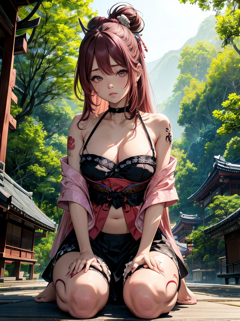 Japanesse beautifull girl, pink & brown hairadd high definition_detail:1, tribal tattoo add_detail:1, in hell add_detail, barefoot, blue saturation light, ( beatifull black and sensual kimono), japanesse shrine landscape 