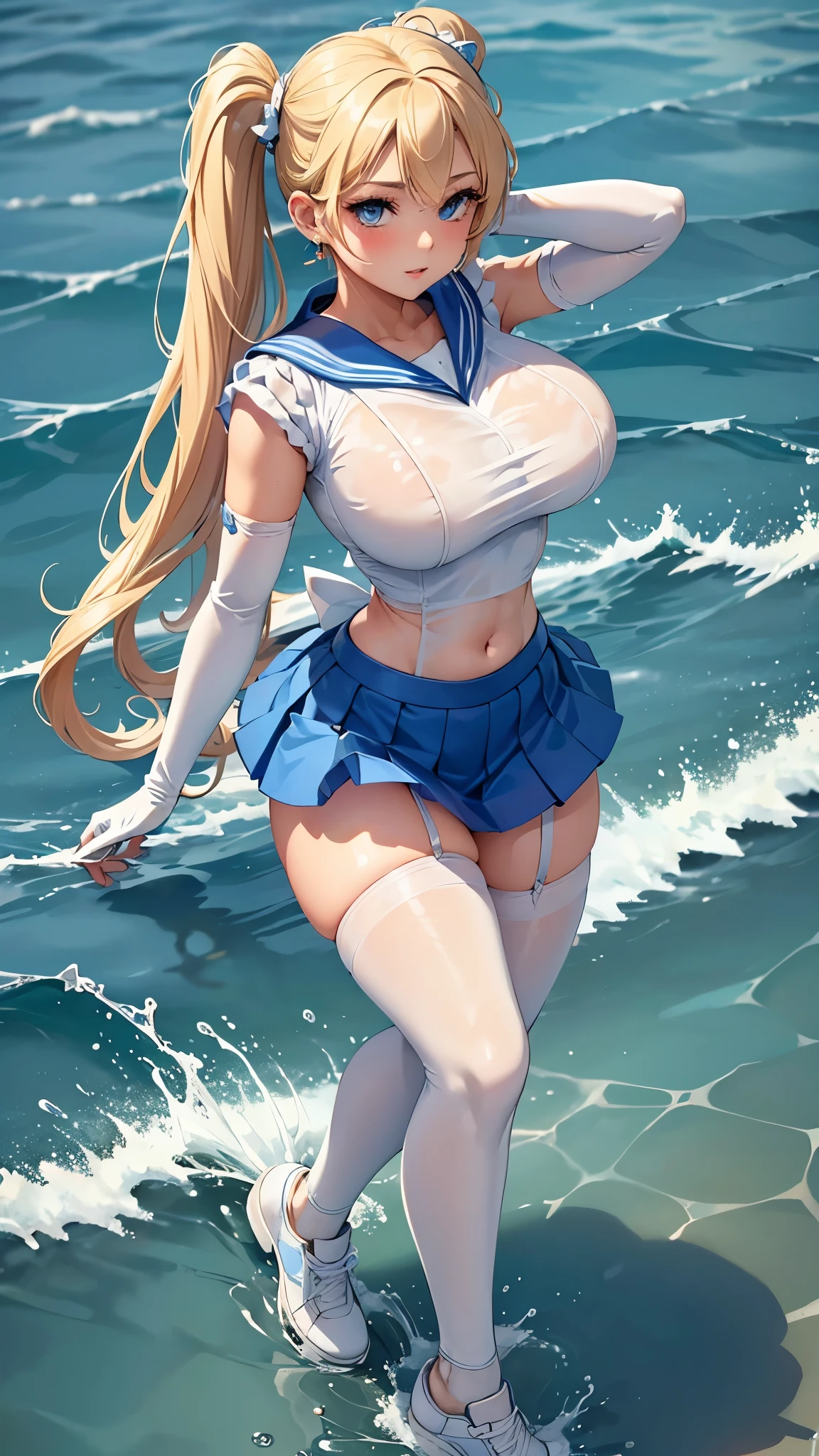 Close up, 1 girl, sailor, Tsukino Usagi, (sailor chiseki uniform:1.2),wet, See-Through top, (aqua eyes:0.9), blonde hair, twintail hair, wedge skirt, best quality, earrings, masterpiece, high resolution, intricate details, (realistic)), photography, (white elbow gloves:1.1), (white stocking:1.1), (high heeled sneakers:1.1), (huge breasts), (hourglass figure), (exposed navel), full body, dynamic background, dynamic pose, white