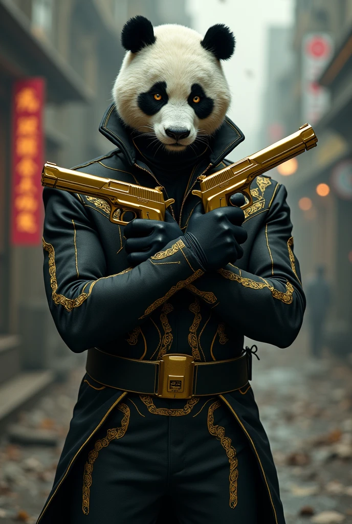 A man in black and gold clothes wearing a terror panda mask with two golden pistols in an attack position 