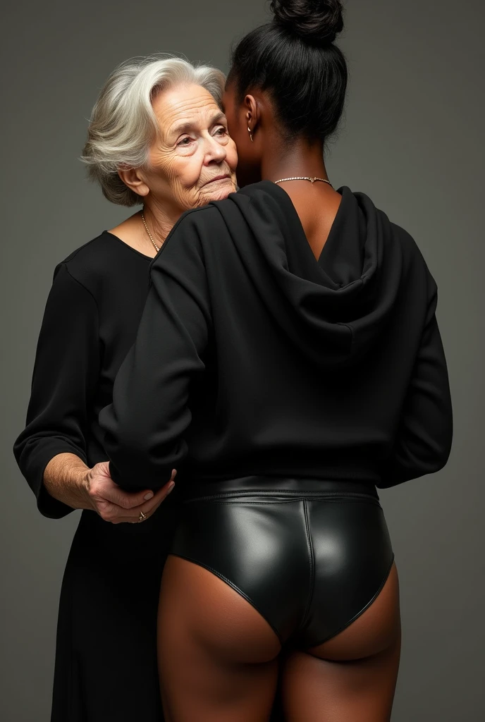 black woman hair in a bun black hoodie black leather short shorts being fucked in the ass by a old grandma in a dress