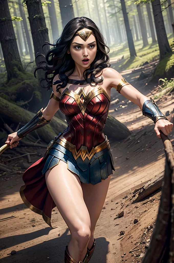 Gal Gadot Wonder Woman throwing the lasso on villain cut off a tree in a forest