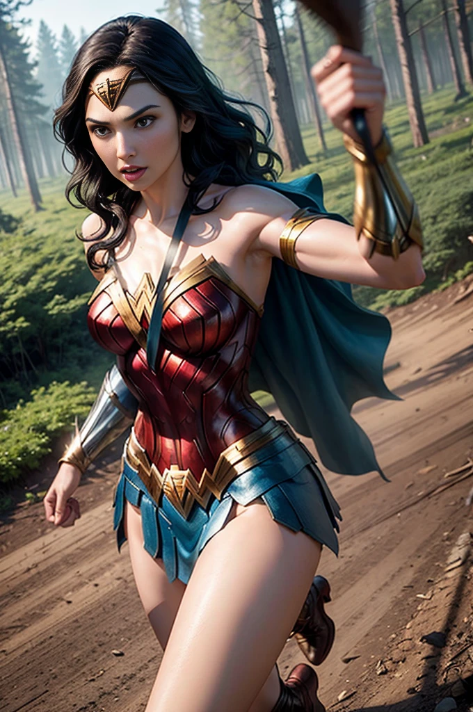 Gal Gadot Wonder Woman throwing the lasso on villain cut off a tree in a forest