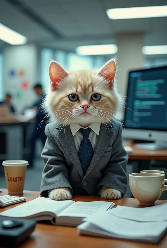 In a busy office、AI kitten sitting on a small desk。He's wearing a grey business suit、The tie is loose、The jacket is wrinkled。The kitten's expression shows extreme fatigue.、The eyes are depicted as swirling。Ears drooping、The shoulders are also slumped。There are piles of papers on the desk、Multiple empty coffee cups、I see a computer screen full of blinking unread messages。There was a faint electronic aura around the kitten.、Hinting at AI elements。In the background, other office workers are busy moving around.(human)The silhouette of。The whole room is illuminated by pale fluorescent light.、It creates an atmosphere of long working hours.。The kitten has big bags under his eyes.、Expressing chronic fatigue。