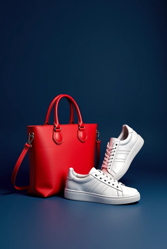 Create a red shoulder bag with white shoes, dark blue background