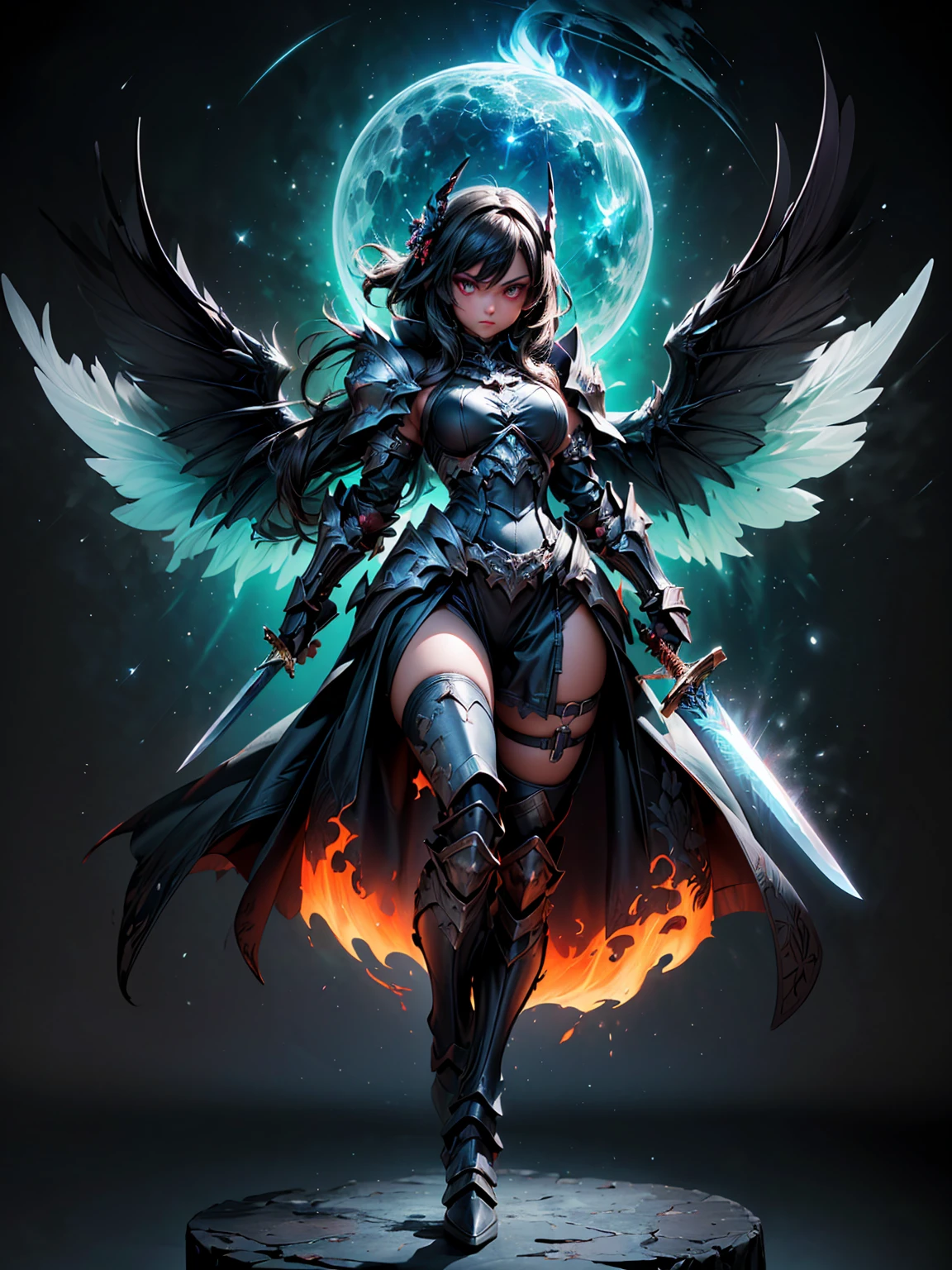 (((masterpiece, best quality, high detailed, 8k))) Design a layout showcase Gaming character, (1girl). Black+Crimson dark armor, stylish and unique, ((cursed sword:1.4)), ((six wings of shadow and fire)), glowing with a dark, ominous energy. (masterpiece:1.2), (best quality), 4k, ultra-detailed. (luminous lighting, atmospheric lighting). (celestial female warrior) Dark warrior with a celestial aura, glove full hands, (((revealing clothes:1.3))), vambraces, armored legwear, (((full_body_shot:1.4))). {In an infernal realm blending with a heavenly realm of floating islands}. (((extremely imposing presence, black flames mixed with divine light, super strong, incredibly beautiful with dark and celestial armor)))