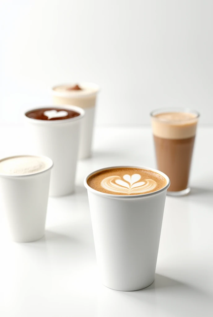 White cardboard cup, with tea drinks, espresso coffee, coffee with milk, late, cappuccino and mochachino , white background separated each 