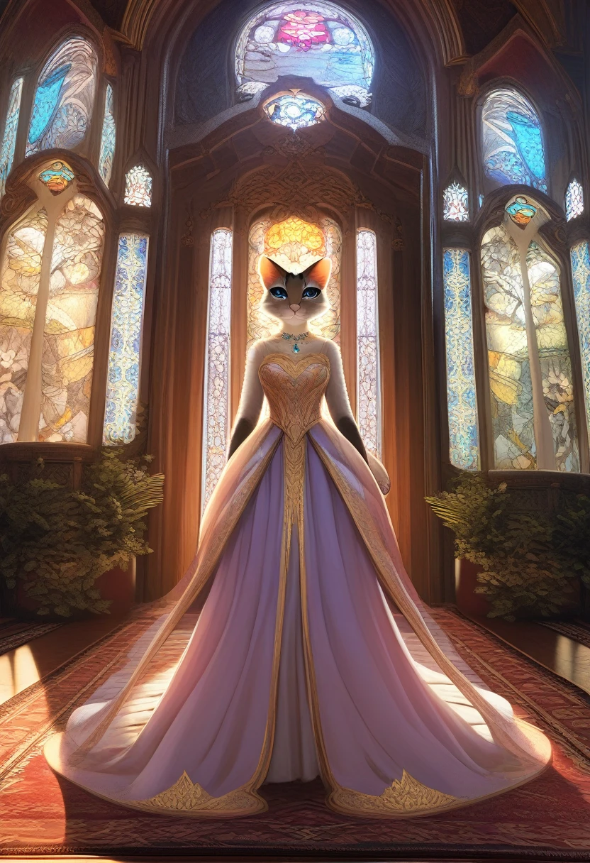 ((Masterpiece)), ((Best Quality)), (Very Detailed), ((Very Detailed)), 4K, (8K), very aesthetic, absurdres highres, 1 woman, (anthropomorphic cat, furry, kemono:1.5), A beautiful woman with a seductive smile and sharp eyes, sitting on a luxurious throne in a grand hall. She is crossing her legs, wearing an opulent dress adorned with intricate patterns and jewels. The throne is elaborately carved, and the background features detailed wall decorations, stained glass windows, and a richly patterned carpet. The scene is illuminated by warm, soft lighting, enhancing the regal and majestic atmosphere.