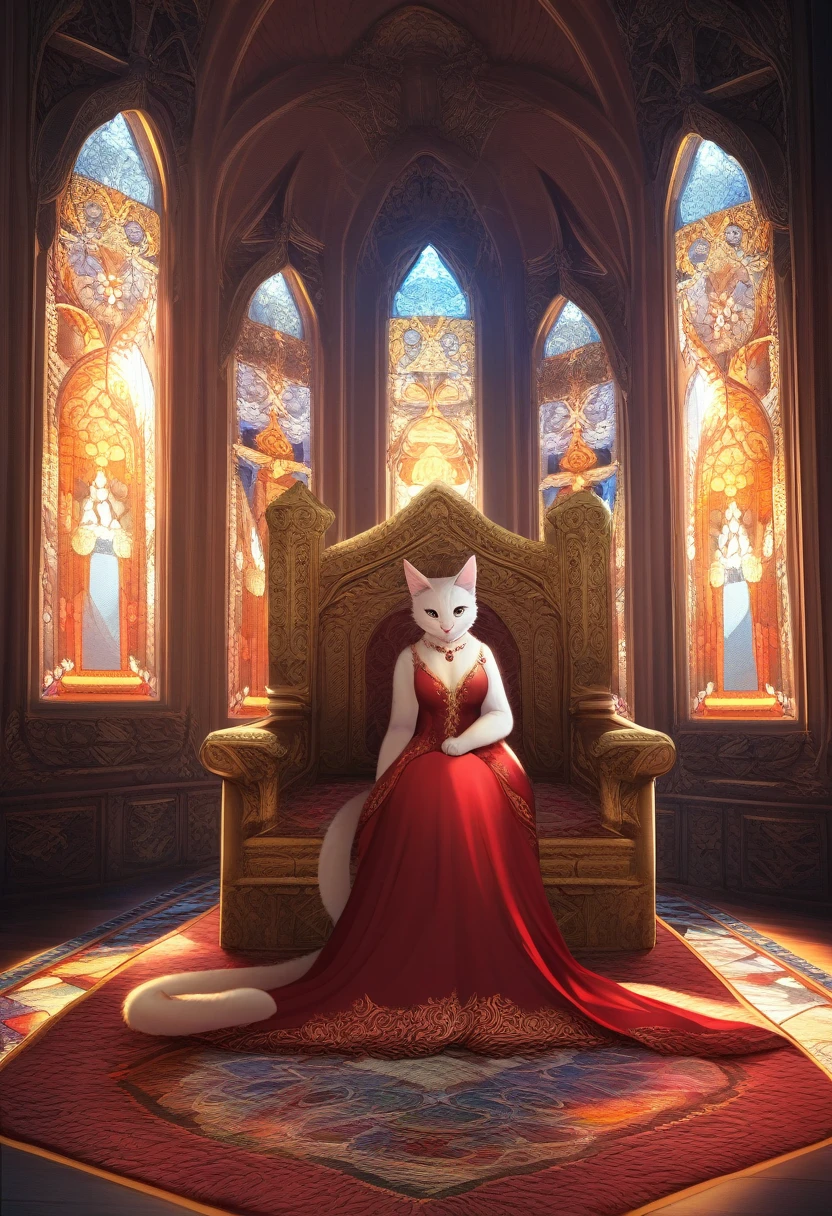 ((Masterpiece)), ((Best Quality)), (Very Detailed), ((Very Detailed)), 4K, (8K), very aesthetic, absurdres highres, 1 woman, (anthropomorphic cat, furry, kemono:1.5), A beautiful woman with a seductive smile and sharp eyes, sitting on a luxurious throne in a grand hall. She is crossing her legs, wearing an opulent dress adorned with intricate patterns and jewels. The throne is elaborately carved, and the background features detailed wall decorations, stained glass windows, and a richly patterned carpet. The scene is illuminated by warm, soft lighting, enhancing the regal and majestic atmosphere.