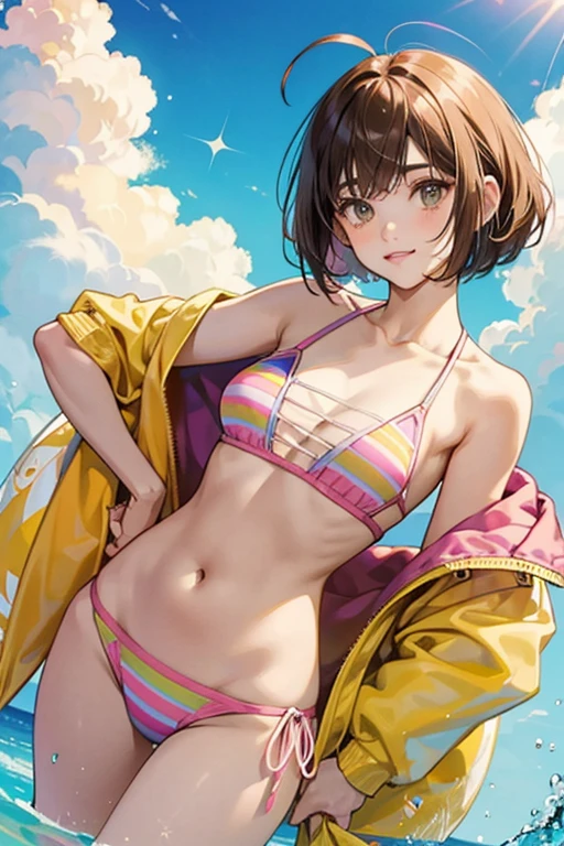 Atari appears to be a young woman with short brown hair styled into a bob and an ahoge sticking out at the top. For her swimwear, she wears a yellow and pink bikini. SPARKLE; GLITTER