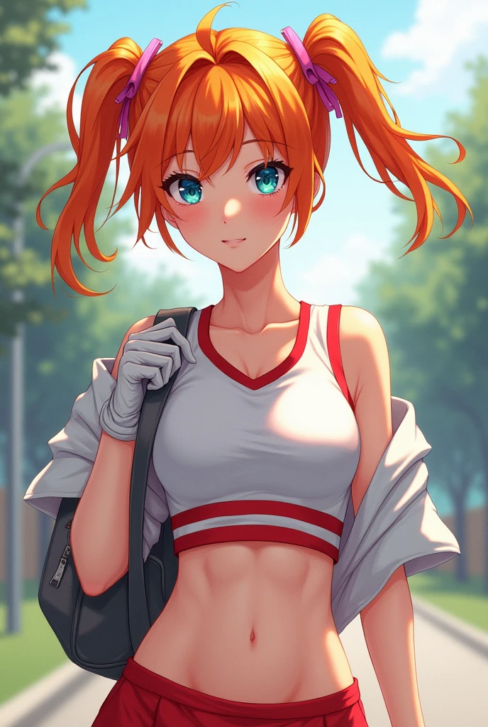 :d, bare shoulders, blue eyes, blurry background, blush, cheerleader, colored skin, croptop, gloves, groin, hetero, heterochromia, holding, midriff, bra, orange hair, school bag, shirt lift, shirt wind lift, short hair, sleeveless, solo, very long hair, twintails, underboob, upskirt, white gloves, wind croptop, underboob, bra, crop top overhang, wardrobe malfunction, microshirt, undersized shirt, shirt wind lift