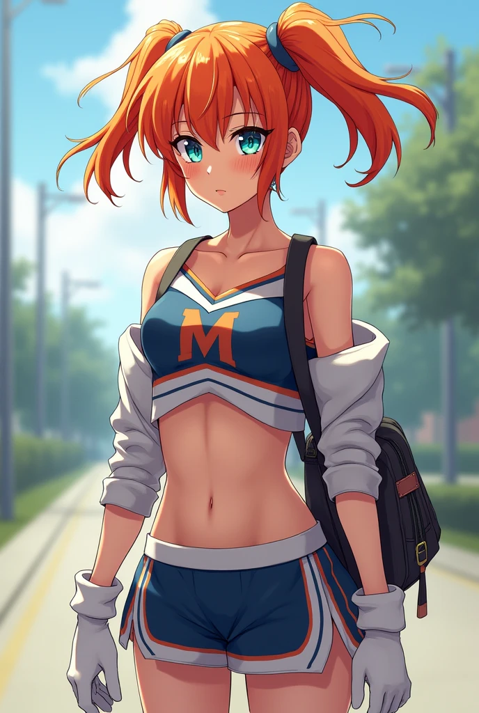 :d, bare shoulders, blue eyes, blurry background, blush, cheerleader, colored skin, croptop, gloves, groin, hetero, heterochromia, holding, midriff, bra, orange hair, school bag, shirt lift, shirt wind lift, short hair, sleeveless, solo, very long hair, twintails, underboob, upskirt, white gloves, wind croptop, underboob, bra, crop top overhang, wardrobe malfunction, microshirt, undersized shirt, shirt wind lift