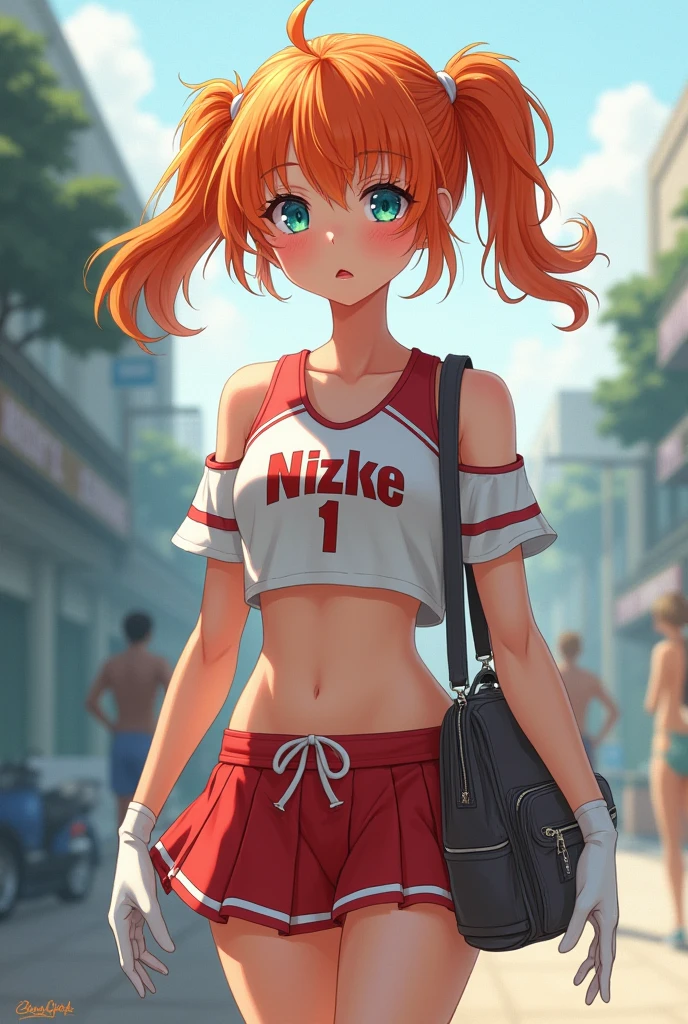 :d, bare shoulders, blue eyes, blurry background, blush, cheerleader, colored skin, croptop, gloves, groin, hetero, heterochromia, holding, midriff, bra, orange hair, school bag, shirt lift, shirt wind lift, short hair, sleeveless, solo, very long hair, twintails, underboob, upskirt, white gloves, wind croptop, underboob, bra, crop top overhang, wardrobe malfunction, microshirt, undersized shirt, shirt wind lift