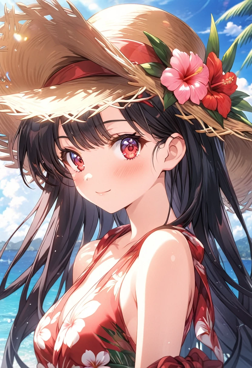 (masterpiece, best quality), ultra detailed, very aesthetic, absurdres, extremely detailed CG unity 8k wallpaper, super fine illustration, transparent illustration, (detailed_face:1.2), BREAK 1girl, long black hair wearing a straw hat, (sarong pass), small breasts, (glamorous expression), red eyes, anime style 8k, beautiful anime portrait, anime moe art style, anime art wallpaper 8k, High quality anime art style, anime style portrait, be familiar with digital anime art, anime art wallpaper 8k, cute anime girl portrait, Hawaii background, blue sea, palm trees, sunlight, full body, BREAK depth of field, perfect hands, nice fingers, 5_finger, 4_finger,1_thumb,