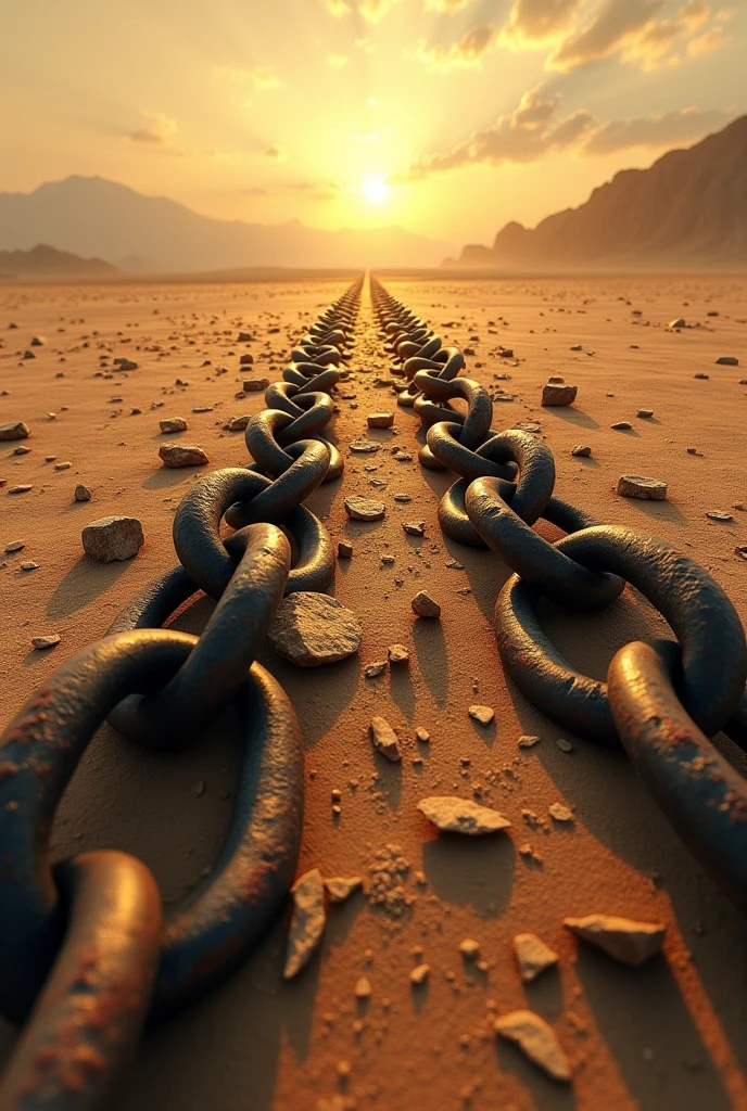 Picture of "broken chains"
bottom:
An arid or desert terrain, symbolizing a field of liberation and new possibilities.
Main elements:
broken chains:
In the foreground, There are broken chains scattered on the ground. The chains have large and heavy links., with some of them still partially attached, while others are completely separated. This represents a break with old rules and restrictions..
Detailed Links:
The chain links are detailed with worn and rusted metal textures., giving a feeling of antiquity and oppression. Some links are scattered, while others hang broken in a dramatic way.
Light that passes through the chains:
The light of the rising sun passes through the broken chains, illuminating the links and creating a bright contrast with the dark background. This symbolizes the arrival of a new perspective and liberation from oppression..
Shadow of the Chains:
The shadows cast by the broken chains on the ground can form abstract figures that suggest shapes of chains still visible., but without power anymore, indicando que la opresión del pasado sigue presente solo as un recuerdo difuso.
Inspirational Text:
At the edge or near the base of the image, There may be a short aphorism by Nietzsche written in a handwritten style or fancy typeface, as: "Breaking the chains of traditional morality is to affirm the will to power."
Tones and Colors:
The colors are contrasting: a background of grey or sepia tones for the arid terrain, and metal chains with details in silver and bronze tones. The light passing through the chains has a golden or warm glow to symbolize hope and freedom..