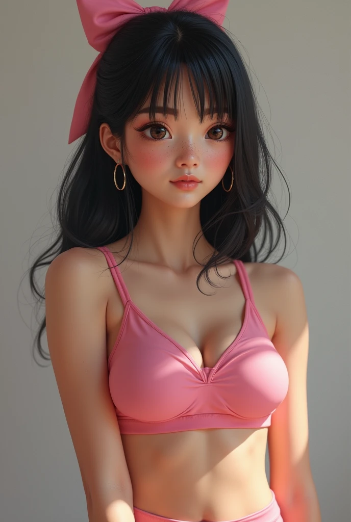 I want a realistic portrait of a pretty woman who is drawing, has black hair and bangs, freckles under her dark eyes, light skin and a slim complexion. She wears pink sports clothes and a pink bow in her straight medium hair. Has Latin features