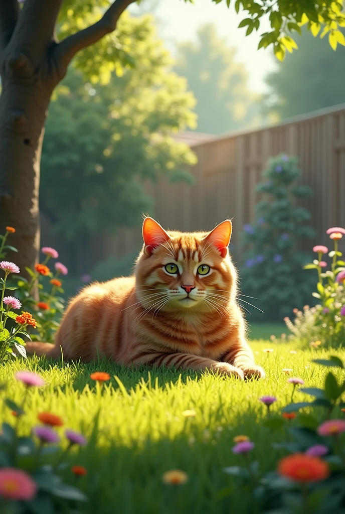 Make a semi-realistic image of a cat in a yard 