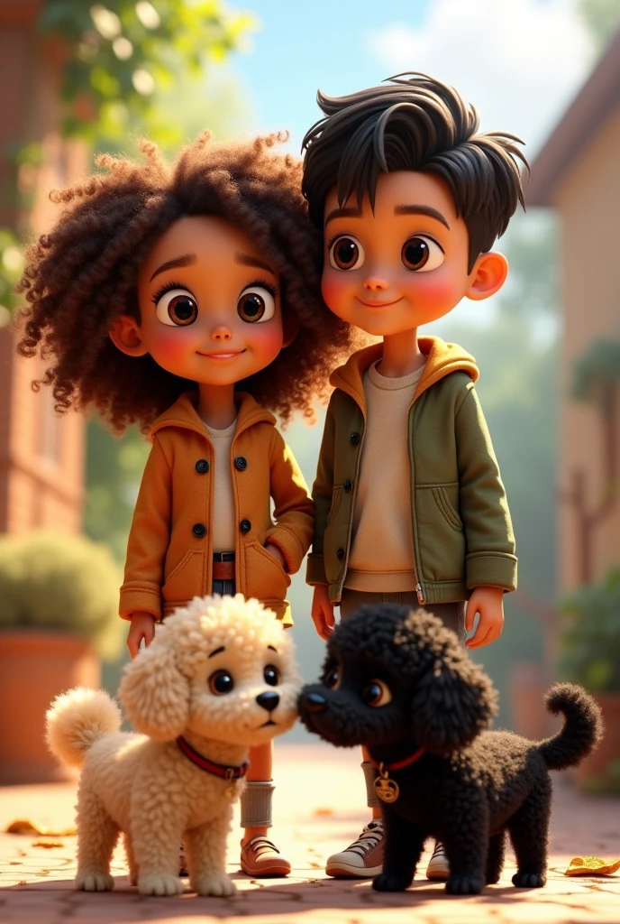 Pixar-type image of a girl with curly brown hair and black slanted eyes, a boy with black hair and brown eyes, straight hair, and two curly dogs, one black and one blond.